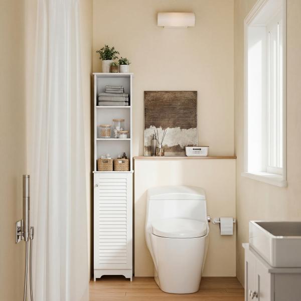 Coluna Casa de Banho com 1 Porta 3 Prateleiras Abertas e Prateleira Interior Ajustável 34x20x165cm Branco