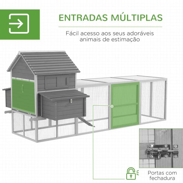 Galinheiro Grande de Madeira para 4 - 6 galinhas com Casa Principal Ninhos Área Aberta de 2,25 ㎡ 310,5x149,5x149 cm Cinza