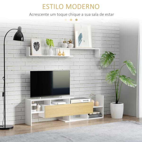 Móvel de TV Moderno Móvel para Televisores 153,6x25x42cm e Prateleira de Parede 150x14,5x16,3cm Branco e Madeira