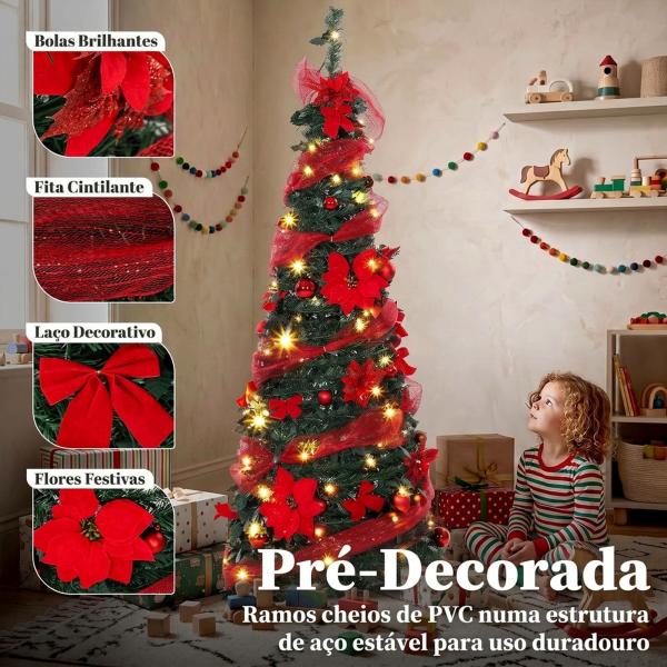 Árvore de Natal Artificial de 150 cm com 100 Luzes LED, 150 Ramos, 11 Modos, Bolas, Fitas e Base Dobrável, Verde e Vermelho