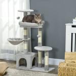 Arranhador para Gatos com Postes Arranhadores de Sisal Cova Plataformas e Bolas Suspensas 65x30x104 cm Cinzento Claro