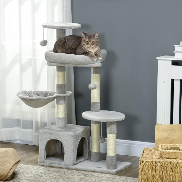 Arranhador para Gatos com Postes Arranhadores de Sisal Cova Plataformas e Bolas Suspensas 65x30x104 cm Cinzento Claro