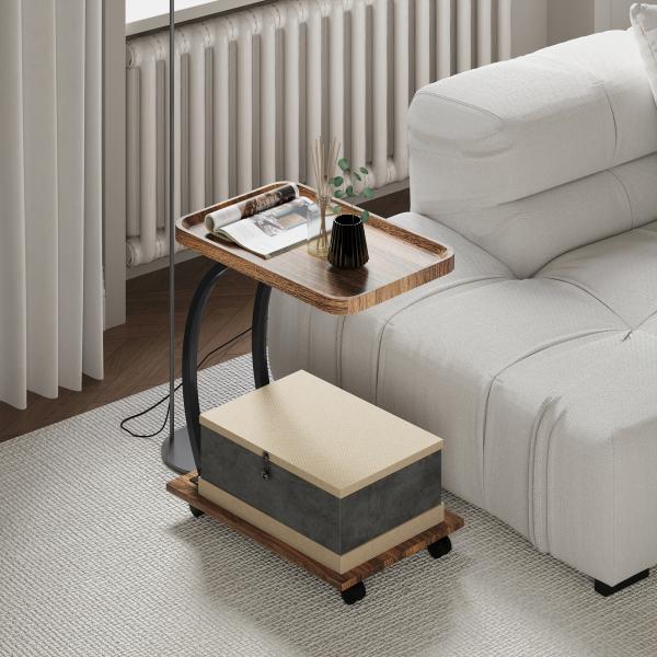 Mesa Auxiliar em Forma de C com Rodas para Sofá com Prateleiras Estrutura de Aço 52x34x60 cm Madeira e Preto