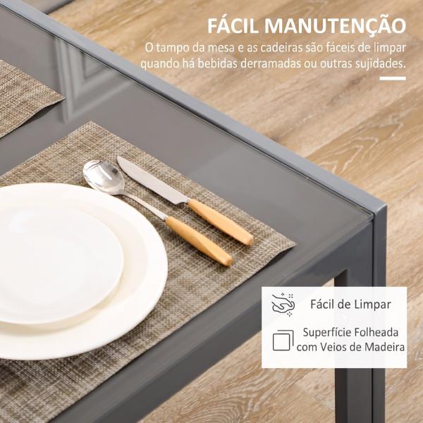 Conjunto de Sala de Jantar 5 Peças com Mesa Retangular de Vidro Temperado e 4 Cadeiras em PU Cinzento
