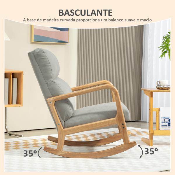 Poltrona Baloiço Estofada em Linho com Pés de Madeira de Borracha e Apoio para os Braços 65x87x94,5 cm Cinza