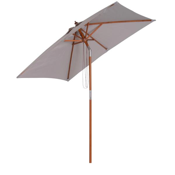 Chapéu de Sol de Jardim 200x150x230cm Chapéu de Sol Retangular Inclinável com Polia Duplo Teto e Mastro Desmontável de Madeira para Terraço Pátio Cinza