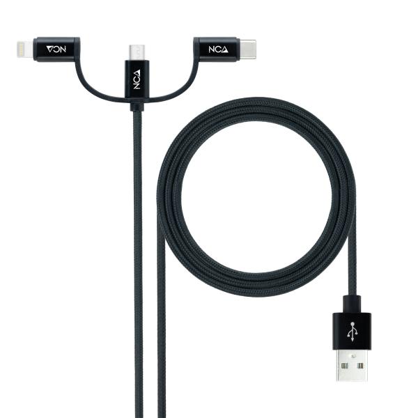Cabo USB 3 em 1 Nanocable USB - A > 1x USB - C + 1x Micro - USB + 1x Lightning 1 M Preto