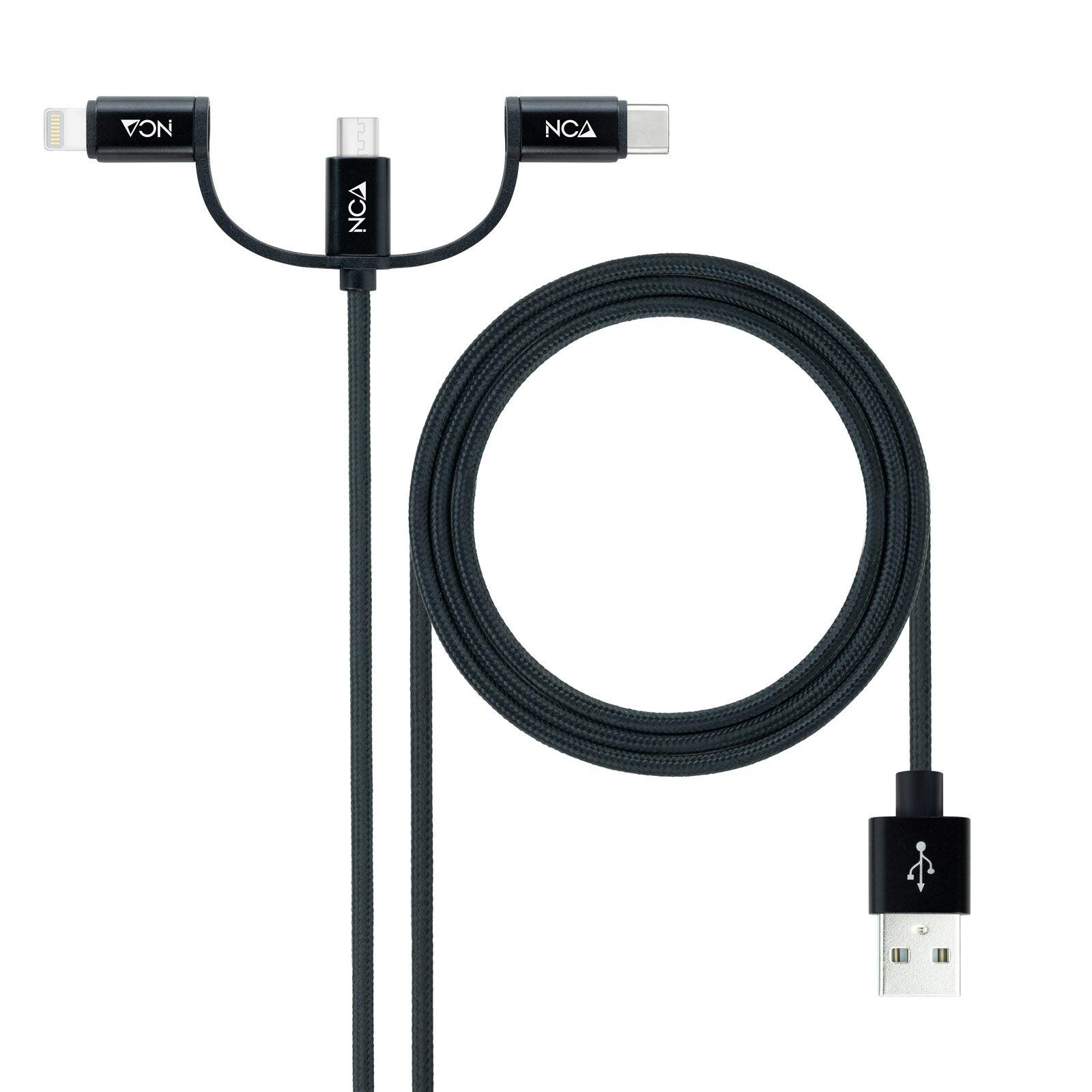 Cabo USB 3 em 1 Nanocable USB - A > 1x USB - C + 1x Micro - USB + 1x Lightning 1 M Preto