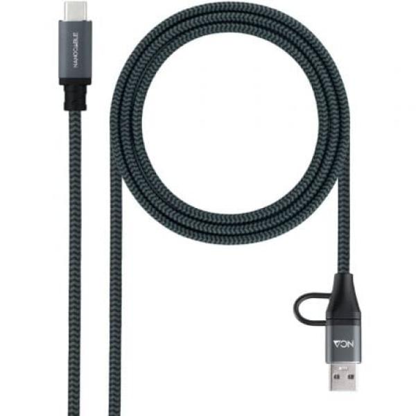Cabo USB 3.2 Tipo - C Nanocable 10.01.4111 - L150 - COMB, recondicionado — USB Tipo - C Macho + USB Macho, até 100W, 20Gbps, 1,5m, Cinza e Preto
