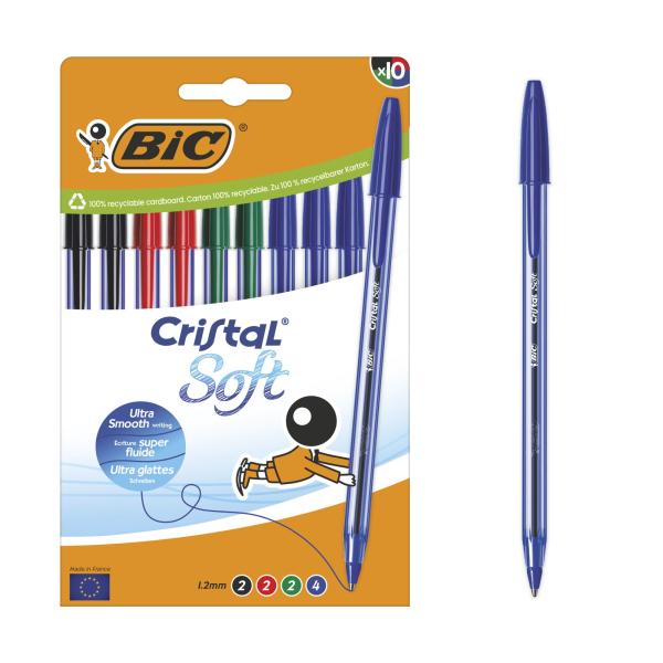 Pack de 10 Esferográficas BIC Cristal Soft Ponta Média 1.2 mm Escrita Suave Cores Sortidas — Recondicionado