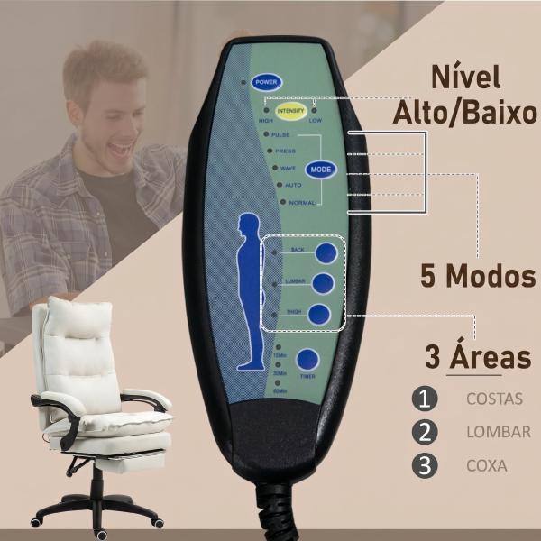 Cadeira de Secretária com Massagem, Altura Ajustável, Encosto Reclinável, Apoio para os Pés e Rotação 360°, Creme