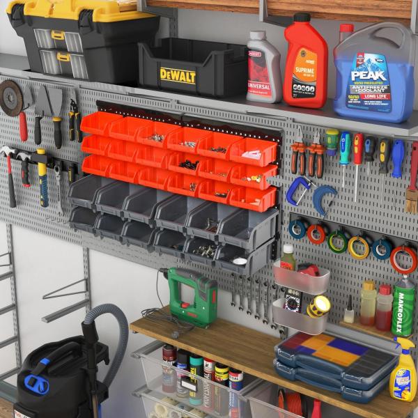Organizador de Ferragens para Parede com 30 Caixas de 2 Tamanhos Diferentes 37,5x18x63 cm Vermelho e Cinza