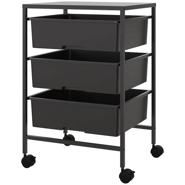 Carrinho Auxiliar com Rodas Carrinho de Cozinha de 3 Níveis com 3 Cestos e Estrutura de Aço 40,8x33,5x60,5 cm Preto