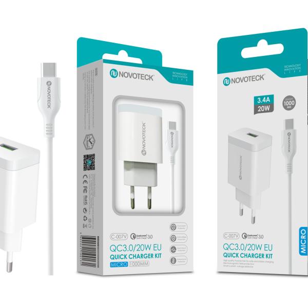 Carregador com Cabo Micro QC 3.0 20W 3.4A 1 USB NOVOTECK C - 007V