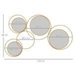 Espelho Decorativo de Parede em Metal 3D Decoração de Parede Metálica com 4 Espelhos Redondos para Corredor 110x68 cm Dourado