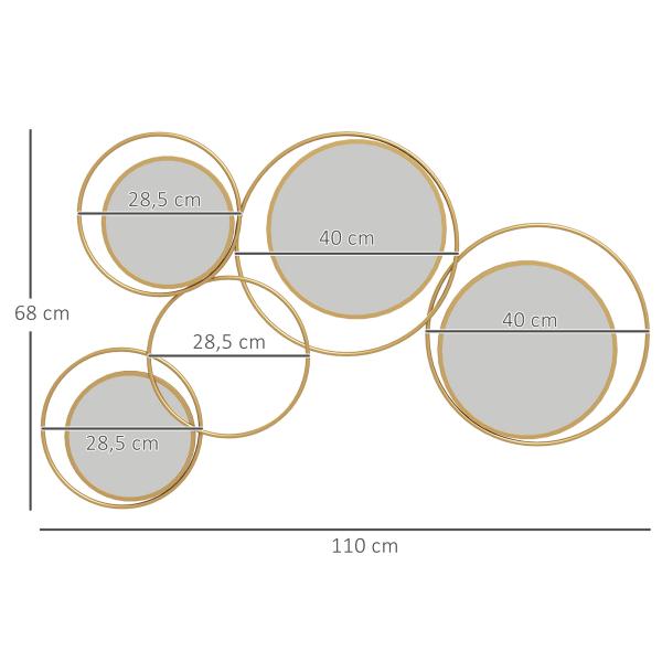 Espelho Decorativo de Parede em Metal 3D Decoração de Parede Metálica com 4 Espelhos Redondos para Corredor 110x68 cm Dourado