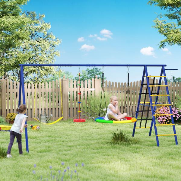Conjunto de Baloiços 6 em 1 para Crianças com Ninho Escada Rede de Escalada Cesto 350x183x200 cm Multicolor
