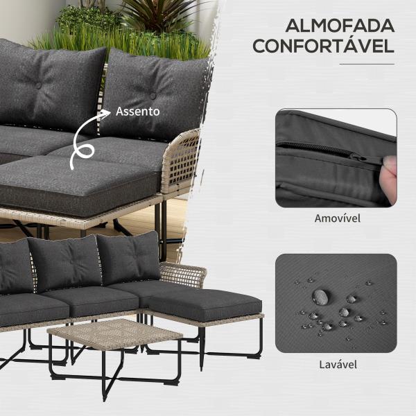 Conjunto de Jardim em Vime Sintético Conjunto de Móveis de Exterior com Sofá de 4 Módulos 1 Mesa de Centro e Almofadas Cinza