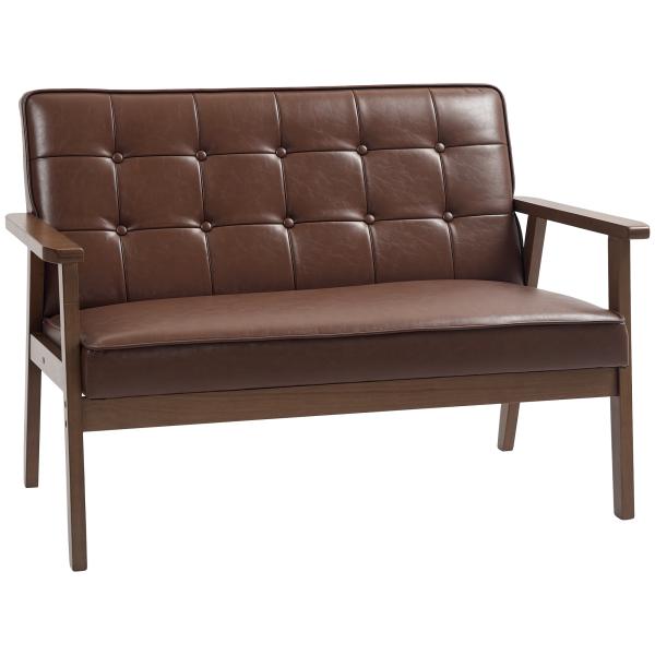 Sofá de 2 Lugares Estofado em Couro PU com Apoio para os Braços de Madeira para Sala de Estar Dormitório115x70x81 cm Marrom