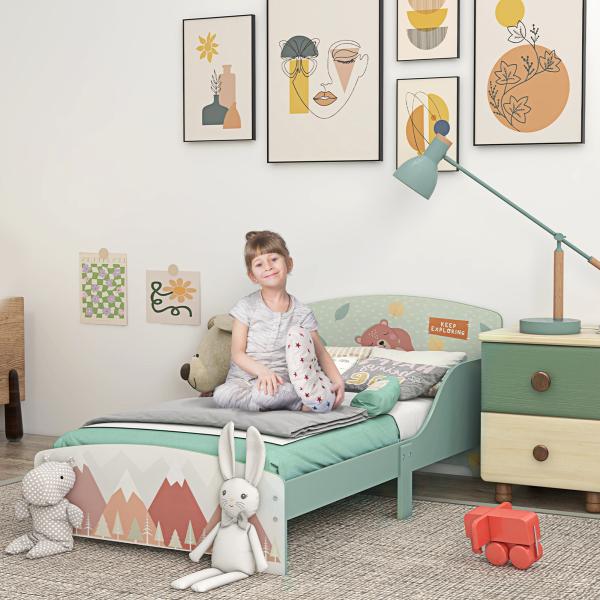 Cama para Crianças de Madeira com Barreira de Proteção e Estampados Carga Máx. 40 kg 77x143x60 cm Verde