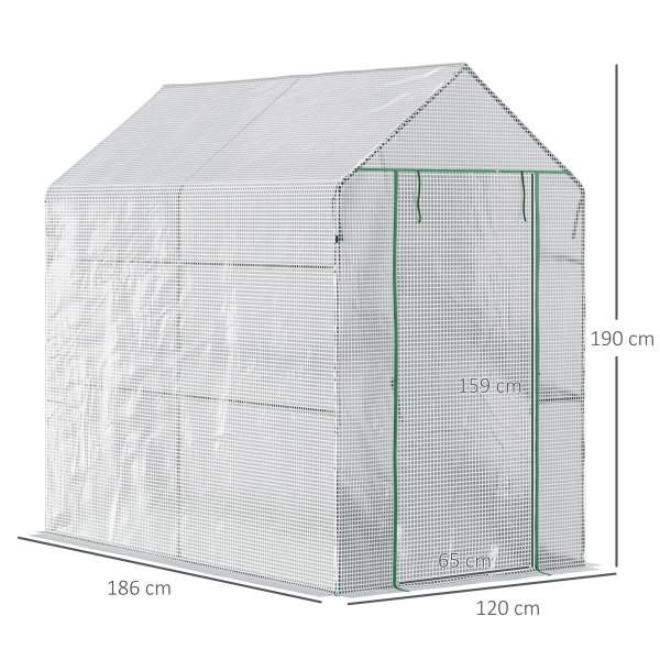 Estufa de Jardim Estufa Caseira com 4 Prateleiras Porta Enrolável Cobertura de PE 140g/m² e Estrutura de Aço para Cultivos de Plantas Flores 120x186x190cm Branco