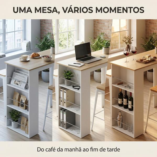 Mesa de Bar de Bistrô com 3 Prateleiras com Suporte Estilo Moderno para Cozinha e Sala de Jantar 112x57x106 cm Branco
