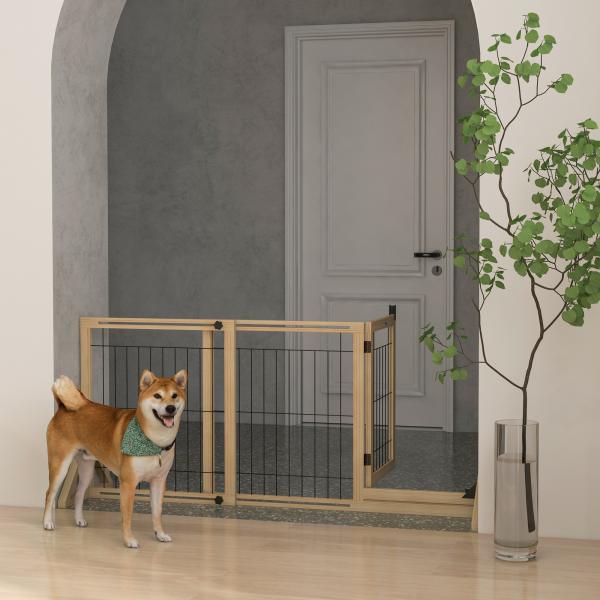 Barreira de Segurança para Cães Extensível de 2 Painéis e Pés de Apoio Triangular 112 - 159x44x70 cm Madeira