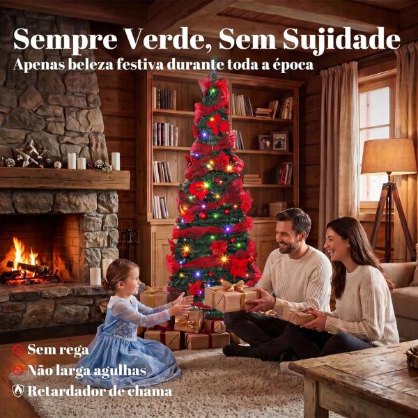 Árvore de Natal Artificial 180 cm com 150 Luzes LED 200 Ramos 11 Modos Bolas Fitas e Suporte Dobrável Verde e Vermelho