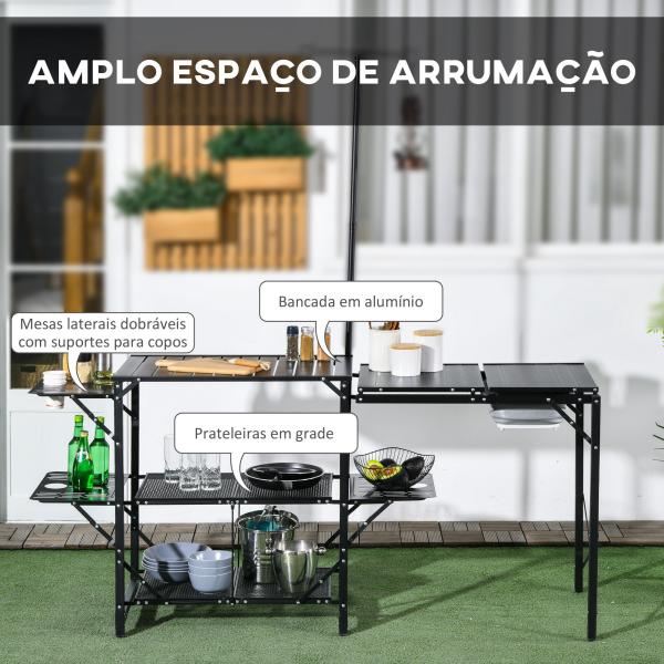 Mesa de Campismo de 3 Níveis Dobrável com Prateleiras de Armazenamento Suporte para Candeeiro e Bolsa de Transporte 173x52x80 - 174 cm Preto