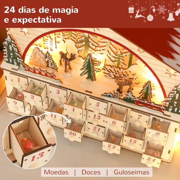 Calendário do Advento em Madeira com Luzes LED e 24 Gavetas Cena de Vila Decoração Natalícia 36x10x34 cm Madeira