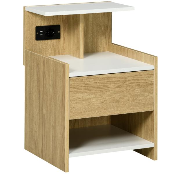 Mesa de Cabeceira Moderna Mesa de Cabeceira com Entrada USB Tomada Elétrica Gaveta e Prateleiras 40x40x60 cm Madeira