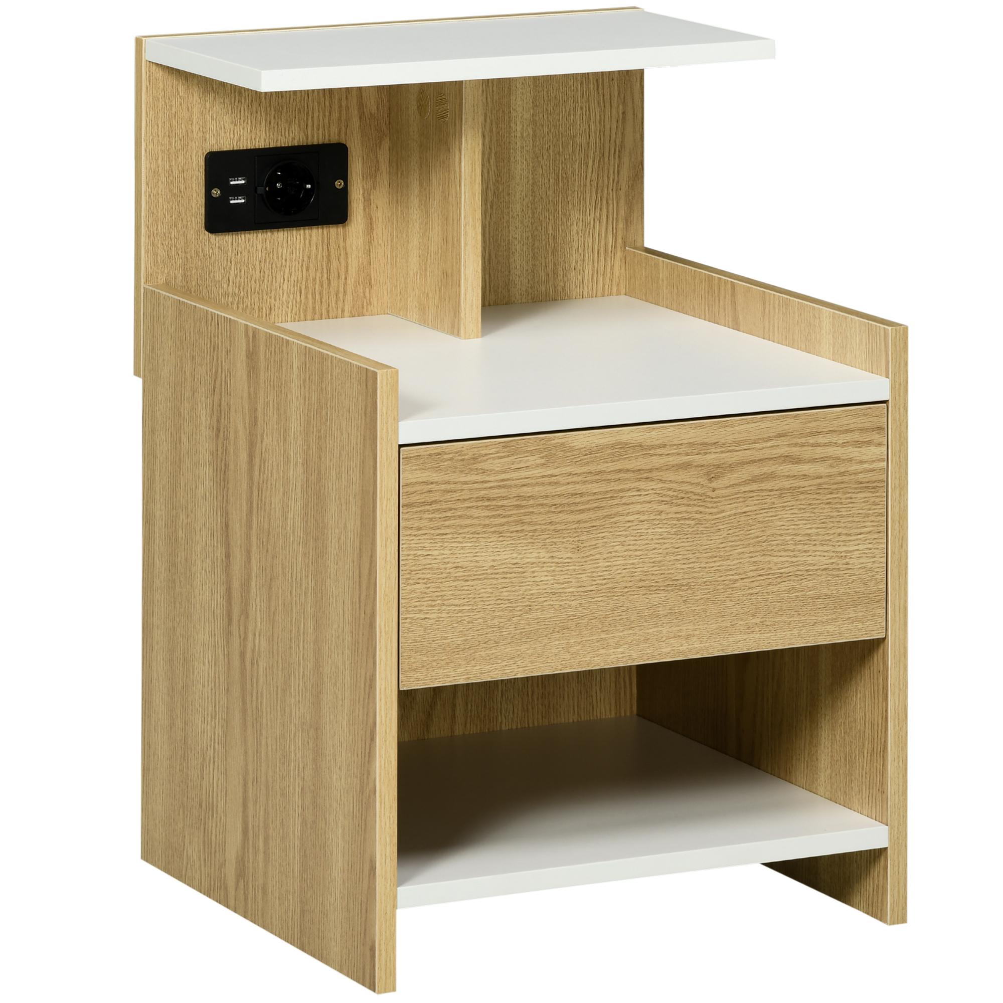 Mesa de Cabeceira Moderna Mesa de Cabeceira com Entrada USB Tomada Elétrica Gaveta e Prateleiras 40x40x60 cm Madeira