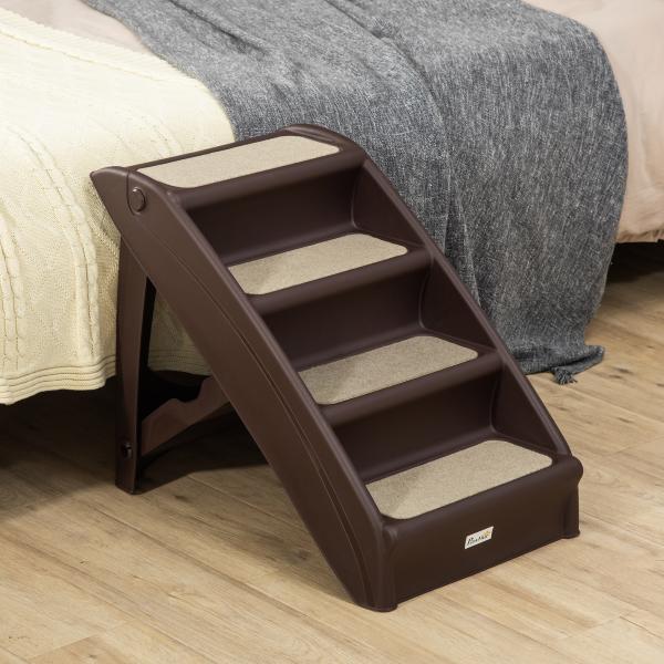Escada Dobrável para Animais de Estimação de 4 Degraus Portátil com Tapetes Antiderrapantes 62x38x49,5cm Marrom Escuro