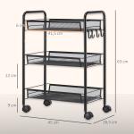 Carrinho de Cozinha em Aço com 3 Cestos e Rodas, Suporta 9 kg, Cozinha, Casa de Banho e Lavandaria 45x26,5x63 cm, Preto