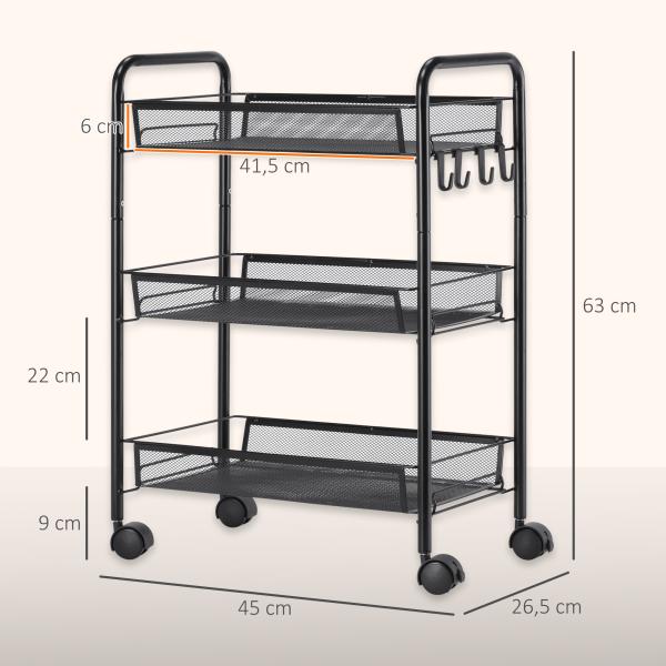 Carrinho de Cozinha em Aço com 3 Cestos e Rodas, Suporta 9 kg, Cozinha, Casa de Banho e Lavandaria 45x26,5x63 cm, Preto