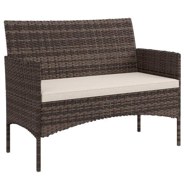 Sofá de Exterior em Rattan de 2 Lugares Sofá de Jardim com Almofada Lavável Estrutura de Aço para Varanda Caqui