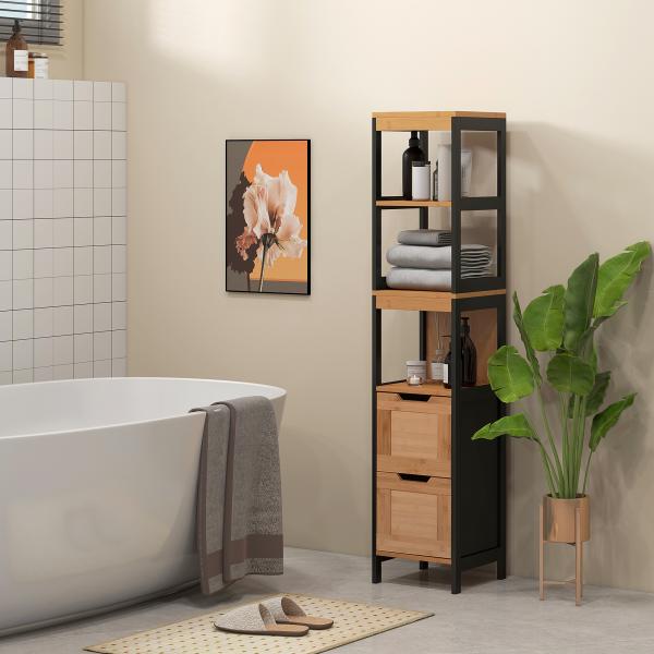 Coluna Casa de Banho com 3 Prateleiras e 2 Gavetas Armário Alto para Casa de banho Estilo Moderno 30x30x144,3 cm Madeira e Preto