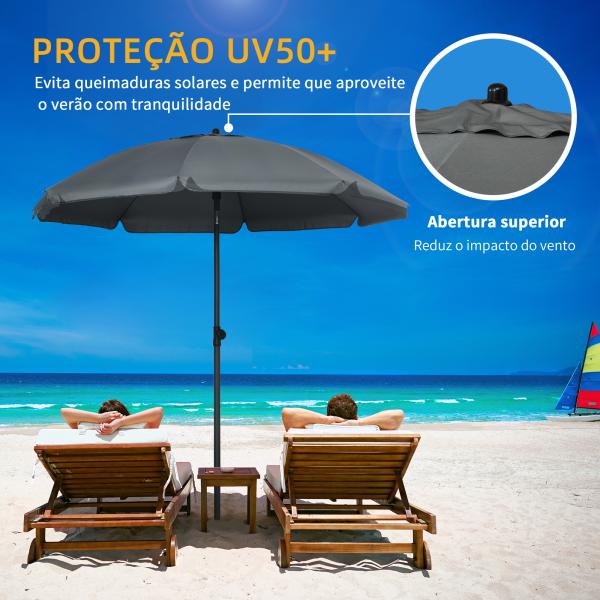 Chapéu de Sol de Praia Grande Ø180 cm Chapéu de Sol de Exterior com Ângulo Ajustável Proteção UV50+ Mastro de Ø32 mm Cinza