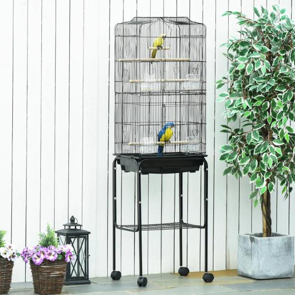 Gaiola para Passáros com Suporte Gaiola Metálica de Aves Canários com 4 Rodas Portas 4 Comedouros 3 Poleiros Bandeja Removível e Prateleira Inferior 46,5x36x157cm Preto