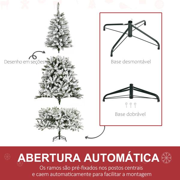 Árvore de Natal Artificial 225 cm com Neve Ignífugo com 1300 Ramos Folhas de PVC Base Dobrável Verde