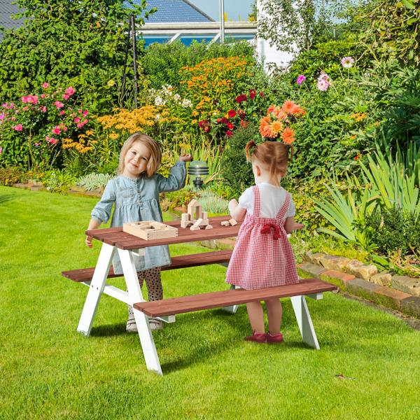 Conjunto de Mesa e 2 Bancos Infantil de Madeira Mesa de Piquenique para Crianças de 3 - 8 Anos 89x79x50 cm Marrom e Branco