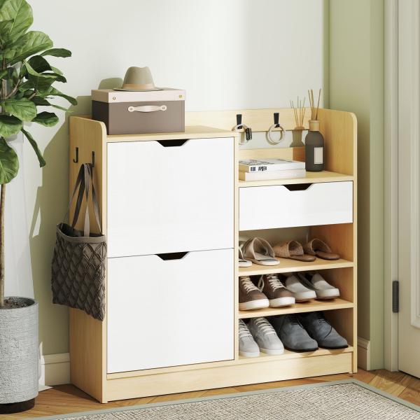Sapateira Estreita com Prateleiras Ajustáveis Gaveta e 4 Ganchos para 14 Pares de Sapatos 93x30x90 cm Madeira e Branco