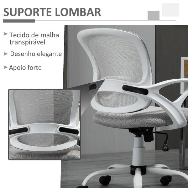 Cadeira de Oficina Ergonômica Basculante com Altura Ajustável Assento Giratório 360° Suporte Lombar e Malha Transpirável 61x61x89 - 99cm Cinza e Branco