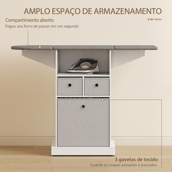 Móvel para Engomar Roupa com Rodas Tábua de Engomar Dobrável com 3 Gavetas Compartimento Aberto 121x37x89,5 cm Branco