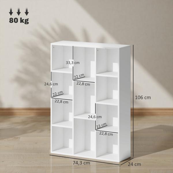 Estante de 3 Níveis Estante para Livros com 11 Compartimentos Desenho Vertical ou Horizontal 74,3x24x106 cm Branco