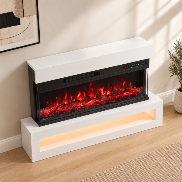 Lareira Elétrica de Parede/Independente 900/1800 W com LED 3 Lados Móvel TV até 55'' 12 Cores de Chama Comando à Distância Branca