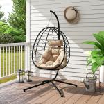 Cadeira Suspensa com Suporte Baloiço Jardim com Cesto Dobrável Almofada e Apoio de Cabeça 98x95x198 cm Caqui