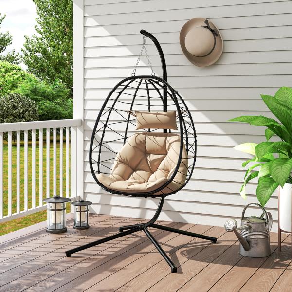 Cadeira Suspensa com Suporte Baloiço Jardim com Cesto Dobrável Almofada e Apoio de Cabeça 98x95x198 cm Caqui