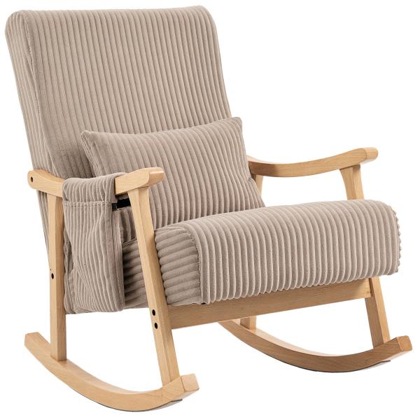Poltrona Baloiço Moderna em Veludo Cotelê com Apoio para os Braços Almofada Lombar e Bolso Poltrona de Amamentação 65x90x98 cm Castanho Claro