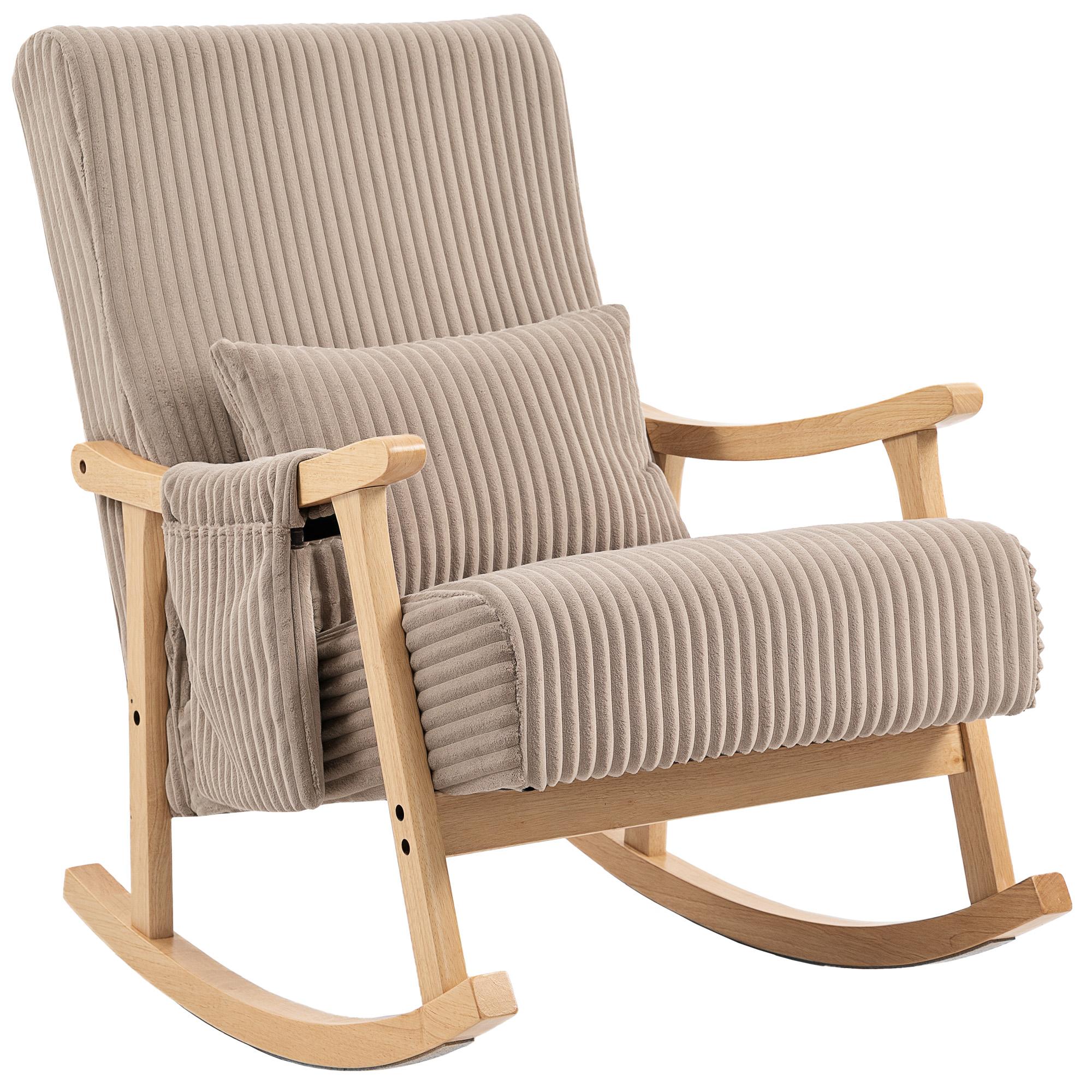 Poltrona Baloiço Moderna em Veludo Cotelê com Apoio para os Braços Almofada Lombar e Bolso Poltrona de Amamentação 65x90x98 cm Castanho Claro